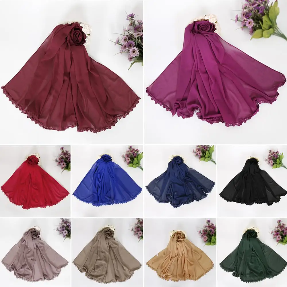 

Women Chiffon Hijab Scarf Flower Edges Shawls Muslim Plain Scarves Wrap Stole Soft Turban Islamic Headscarf Long Scarf 180*75cm