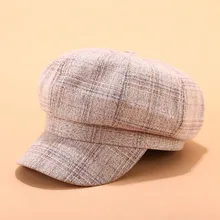 Ретро клетчатая восьмиугольная кепка Женская Британский берет Повседневная хлопковая кепка газетчика простой тренд берет шляпа для девочек