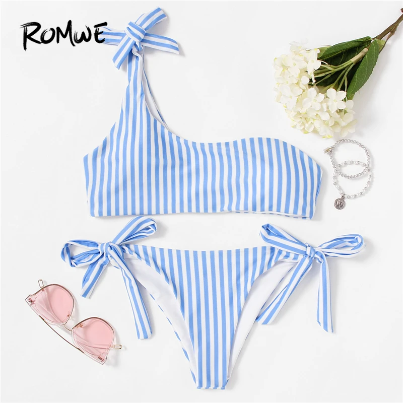 Romwe Sport Tie Side One Shoulder Striped Bikini Set 2018 Summer Beach