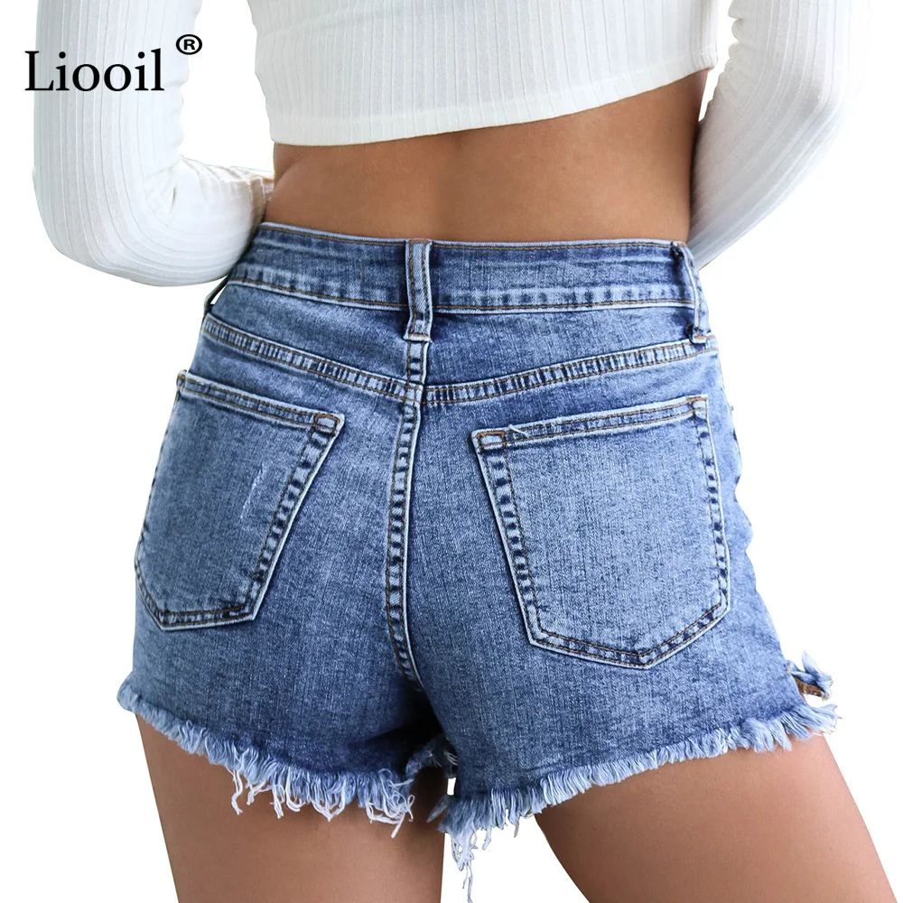 Liooil синий плюс размеры шорты для женщин для повседневное Лето 2019 г. хлопок Sexy Rave Жан короткие модные, средняя посадка карман кисточкой