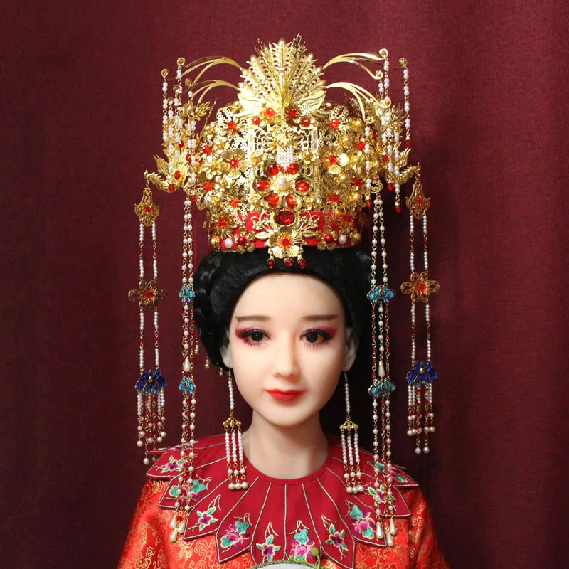 Grand Gorgeous Ancient Chinese Hanfu Hair Accessory Bride Wedding Tiara Empress Princess Wedding Tiara Beading Tassel Hat Drama janevini hanfu hand fan ancient chinese gold wedding bridal bouquet pearls flowers crystal round tassel bride fan bouquet mariee