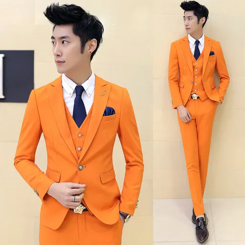 Модные Цветные Мужские приталенные костюмы, цветные мужские тонкие однотонные хлопковые костюмы из 3 предметов, мужские небесно-голубые пиджаки - Цвет: Orange