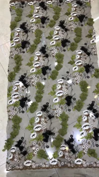 

1 yard nigerian lace fabrics with green 3d Chiffon florals, French haute couture, Handmade heavy lace 2018 style.
