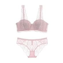 Сексуальное кружевное нижнее белье с цветочным принтом, комплект из бюстгальтера и трусиков с эффектом пуш-ап, женское нижнее белье средней длины с подкладкой, чашечки A, B, C