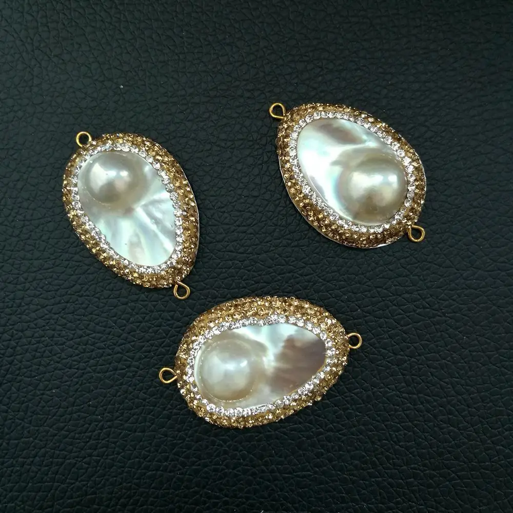 

CN092 1 Pc 24x35mm Teardrop Mabe Pearl Golden Macarsite Jewelry Charm Connector