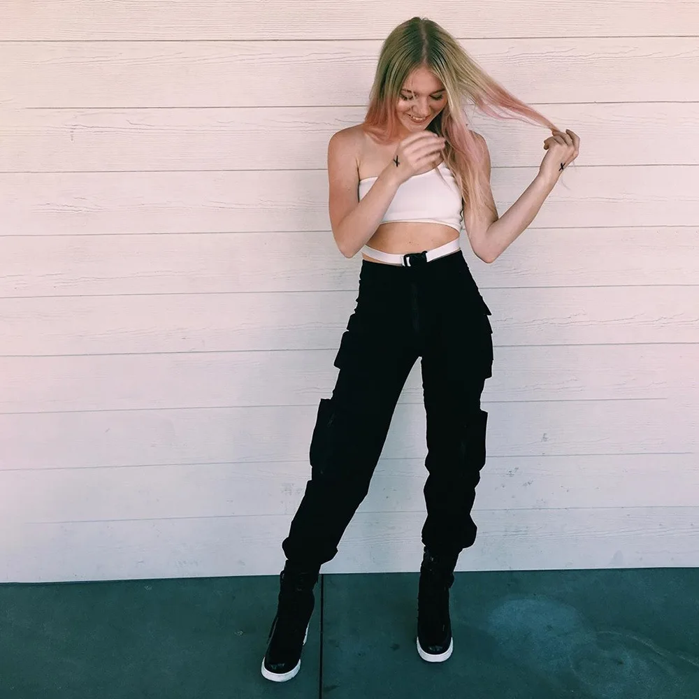 

2019 Autumn New Women's High Waist Beam Foot Street Shot Multi-Pocket Casual Pants Black Zipper Ladies Pants P1734489