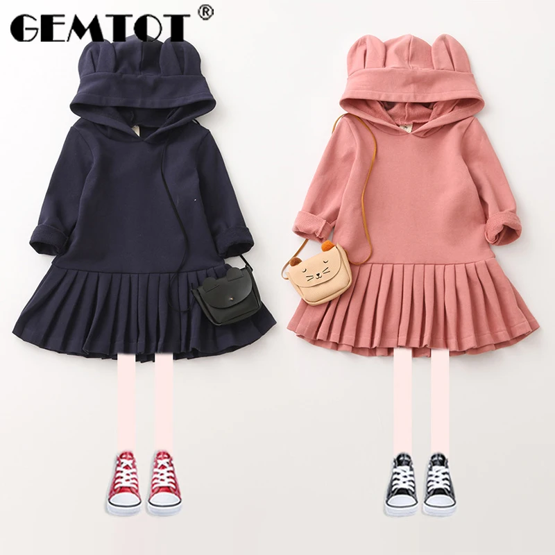 GEMTOT весна и осень свитер платье мультфильм кролик уши толстовка с капюшоном с длинным рукавом плиссированное платье девочки свитер платье