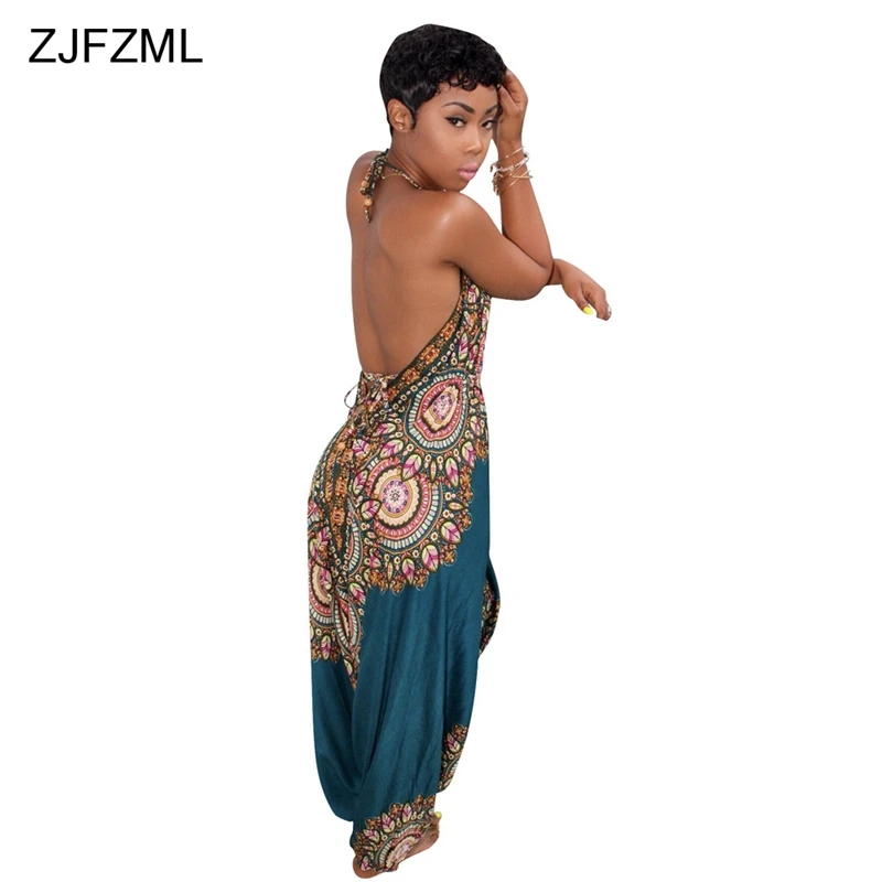 ZJFZML African Ethnic Sexy Rompers Womens Jumpsuit Summer V Neck Sleeveless Overalls Casual Loose Backless Print Harem Jumpsuit