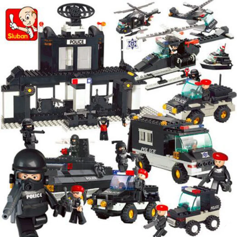 

Sluban Police SWAT Army Car Helicopter Motorcycle Base Centre 3D Model DIY Policeman Building Blocks Toy for Children no Box