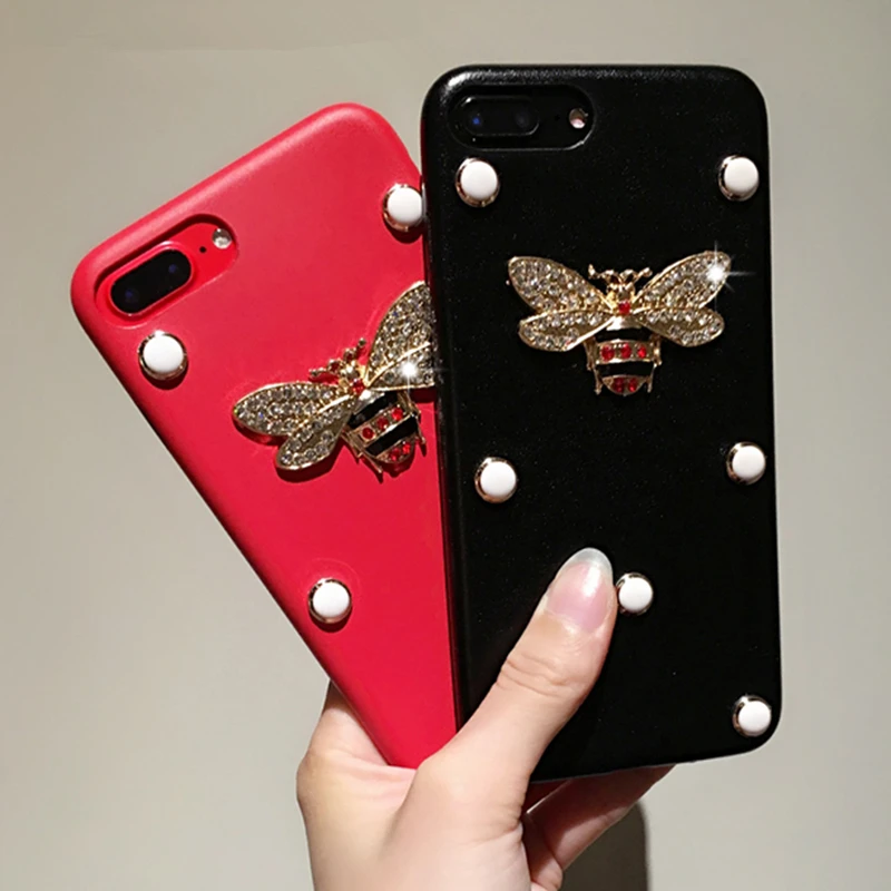 Aoweziic Fashion For iPhoneX XS MAX XR 7 8Plus 6 6S Plus Kawaii DIY Bling Glitter Exquisite Crystal Bee Soft Leather Phone Cases