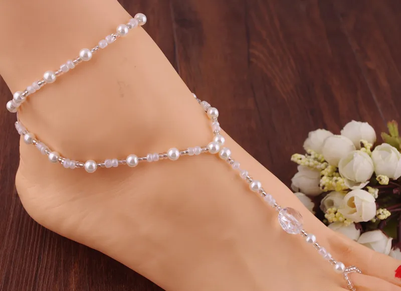 Hottest Women Crochet Lace Up Beach Anklets Bracelets Bohemian Barefoot Sandals Hand made Beads Faux Pearl