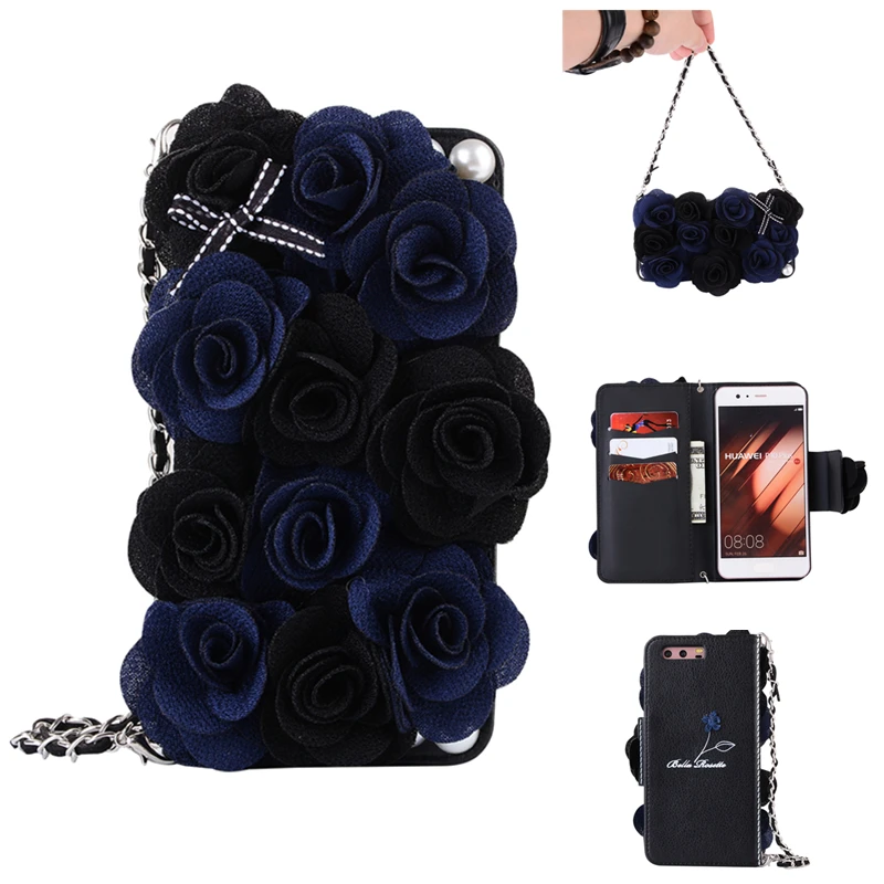 

Flip PU Leather Flower Case For Huawei P9 P9 Plus P10 P10 Plus Luxury Rose Floral Fashion Women Holster Card Bag with Chain