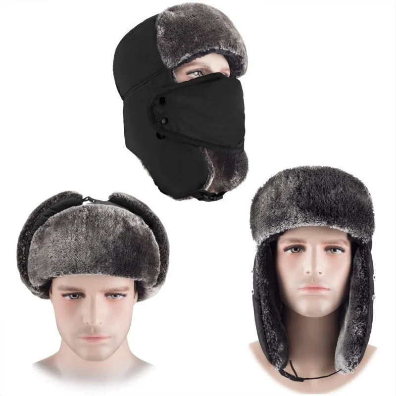 Winter Unisex Thick Trooper Hat Hunting Ear Flap Chin Strap And Windproof Mask (Black) Earmuffs Cap With | Спорт и развлечения