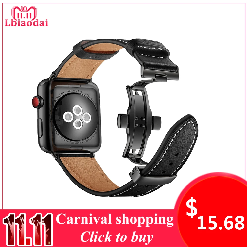 

Leather Strap For Apple Watch 4 band 42mm 38mm 44mm 40mm Stainless Steel butterfly Loop watchband bracelet iwatch series 4 3/2/1