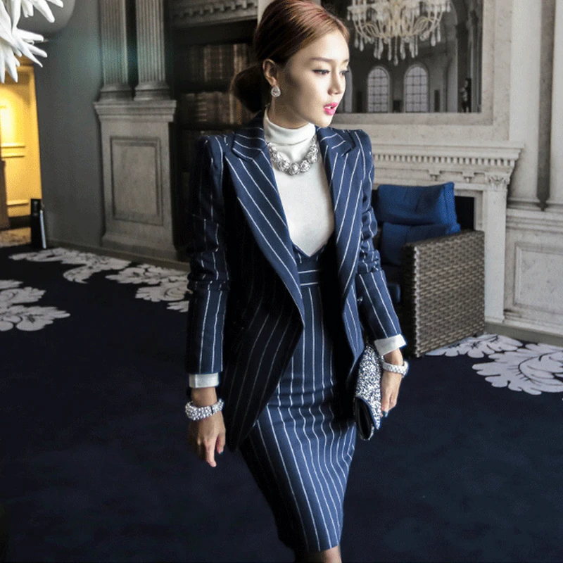 

OFFICE LADIES Striped Dress Suits 2 Two Piece Sets Elegant Women Blazer Jacket + Fashion Sheath Dresses Femme Autumn Winter