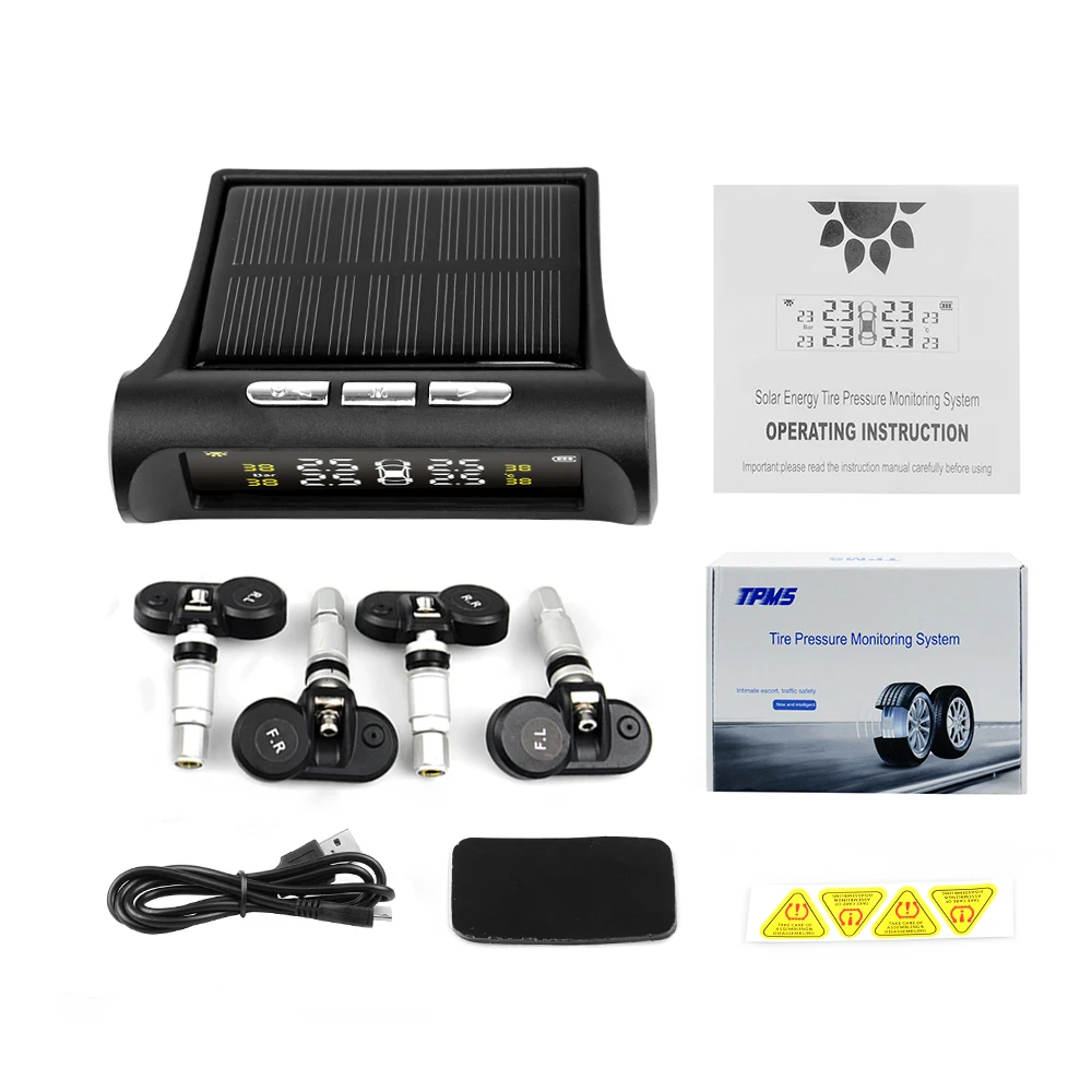 TPMS Car Tire Pressure Solar Power USB Monitoring System LCD Display 4 External Sensors Temperature Warning