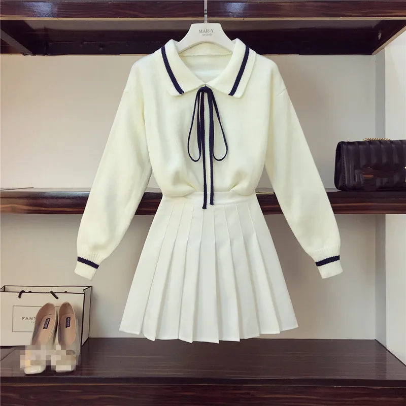 

Spring Autumn New Student Girl Ribbon Bow Sweater & Skirt Solid White Pleated Skirts Two Piece Set Women Outfit Knitwear Sets