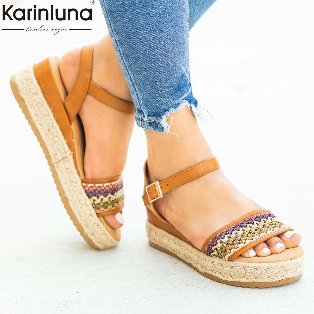 

INS Ankle-strap Bohemia Straw Flat Platform Summer Casual Women Shoes Woman Sandals Leisure Big Size 35-43 Sandals 2019