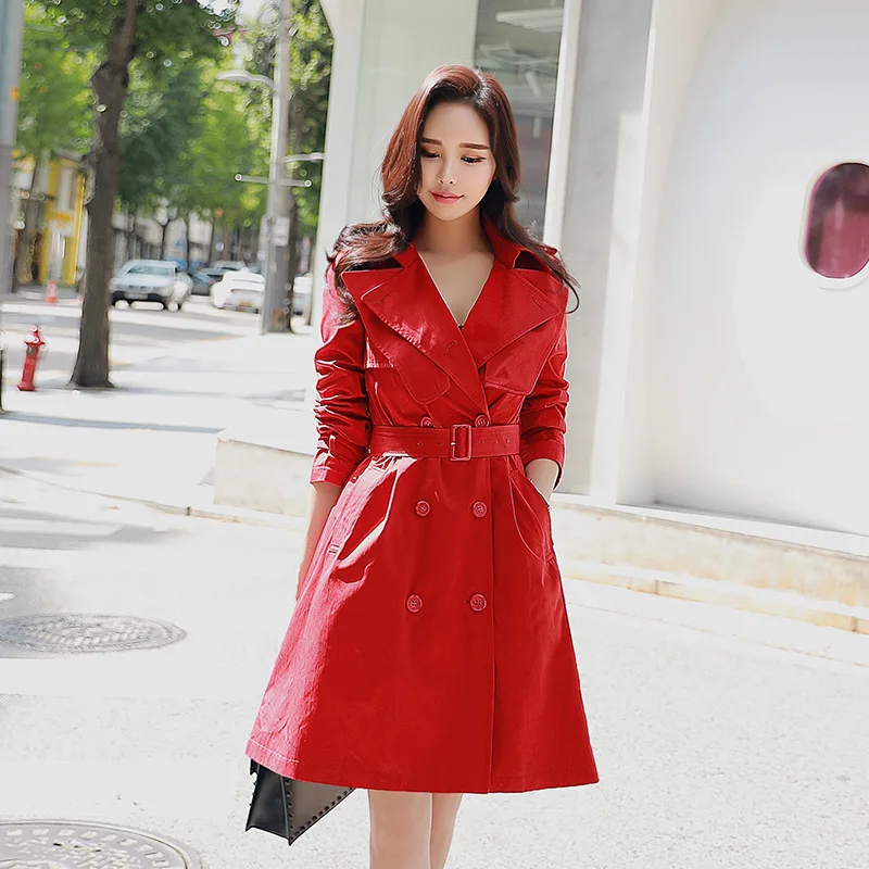 

Dabuwawa Women Ladies Red Double Breasted Elegant Trench Coat Fashion Long Lapel Belted Windbreaker Autumn Winter D18CTC024