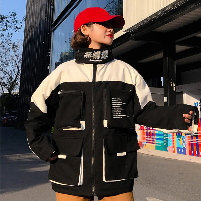 Black Plegie Harajuku, Женская куртка большого размера в стиле пэчворк, весна, новая верхняя одежда, пальто в стиле хип-хоп, свободная уличная одежда для колледжа, BF стильные куртки - Цвет: Black