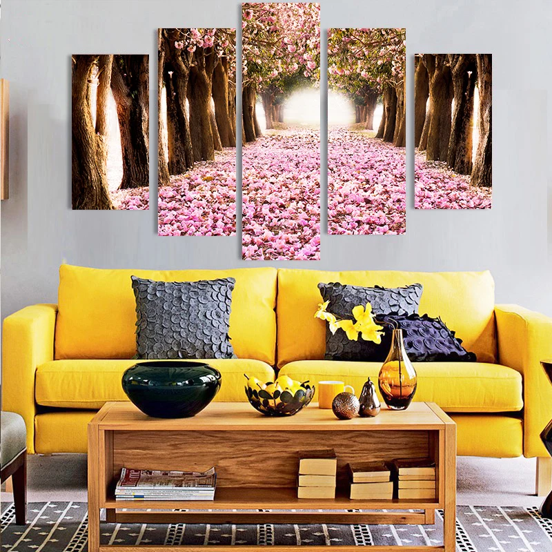 

5 piece forest modern wall art high-definition screen printed images picture living room decoration pink flower 5 pieces picture