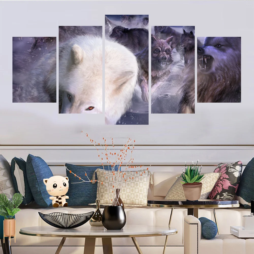 

Group wolves fighting animal poster canvas painting 5 panel wall art living room bedroom home decoration mural HD printing