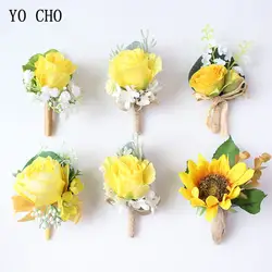 Йо Чо бутоньерки Для мужчин розы Желтые шелковые цветы наручные корсажи браслет подсолнухи для бутоньерки Брак Свадебные принадлежности