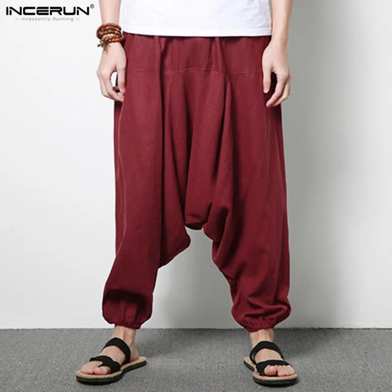 

Plus Size 5XL Baggy Pants Men Summer Linen Cotton Loose Drop Crotch Trousers Flax Men Harem Pants Solid Hip Hop Wide Leg Pants