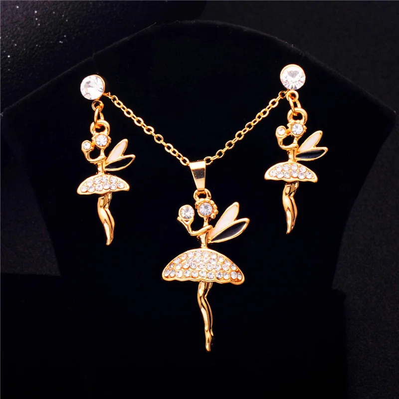 

QCOOLJLY Top Quality Elegant Luxury Gold Color Austrian Crystal Jewelry Sets Fairy Angel girls Fashion Gift Women Female Set