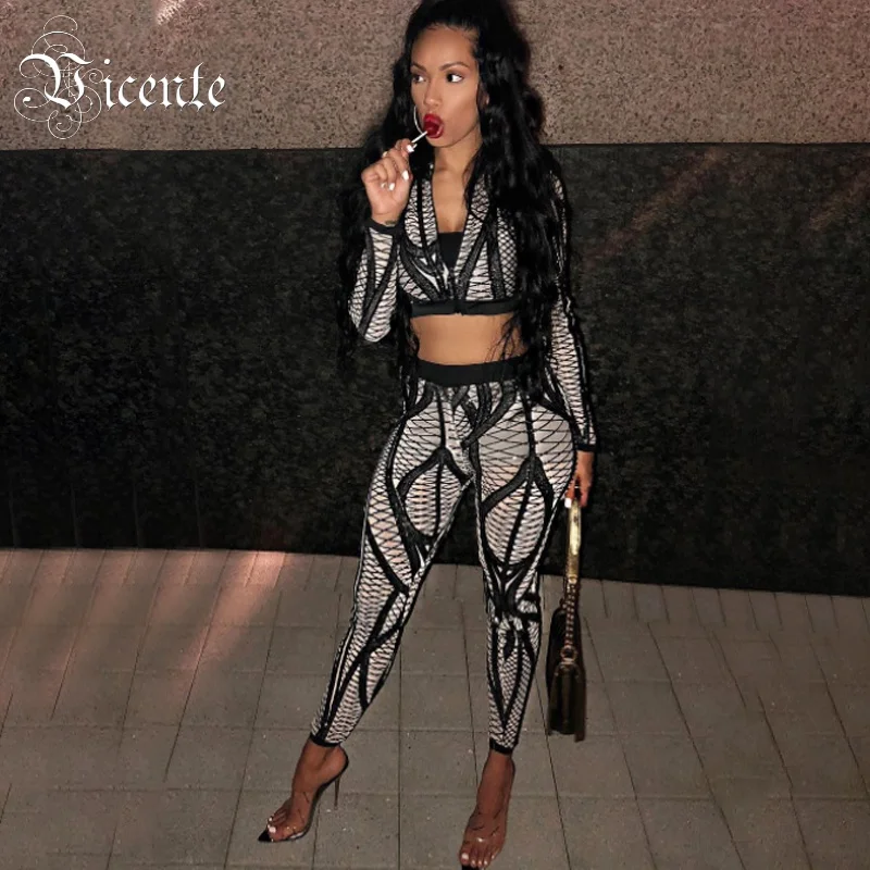 Vicente 2019 Hot Fashion Sequin Design Striped Long Sleeves Sexy V Neck Color Block Pants Bodycon Two- piece Sets | Женская одежда