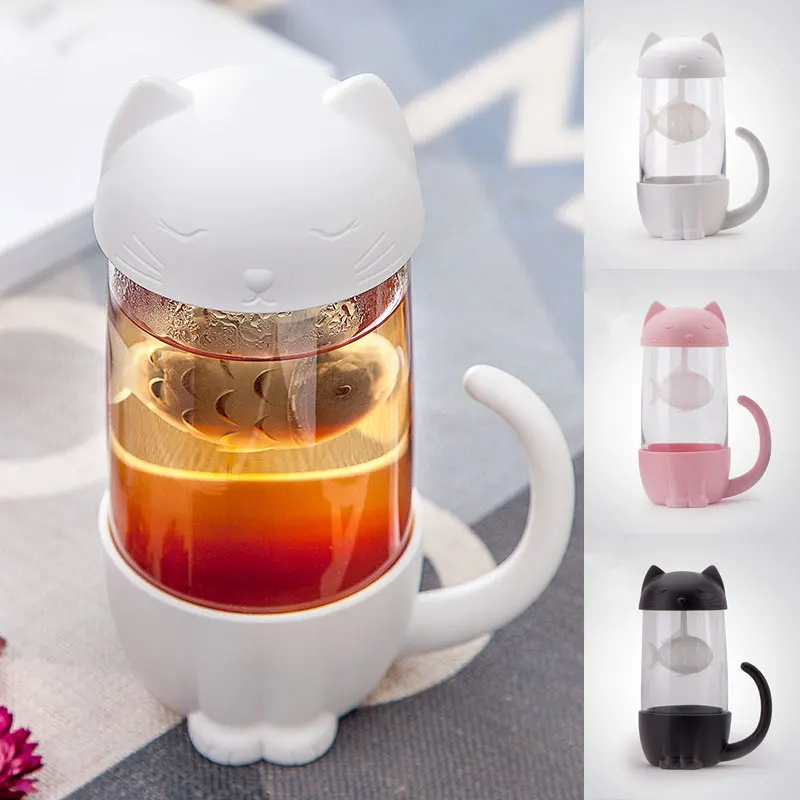 Милый Кот, стеклянная чашка, чайная кружка с фильтром для заварки рыбы, домашние офисы