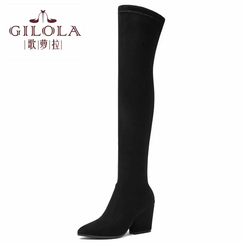 

High Heels Over The Knee High Boots Motorcycle Winter Women Boots Platform Hoof Heels Women Shoes Warm Slip On #Y0300376F