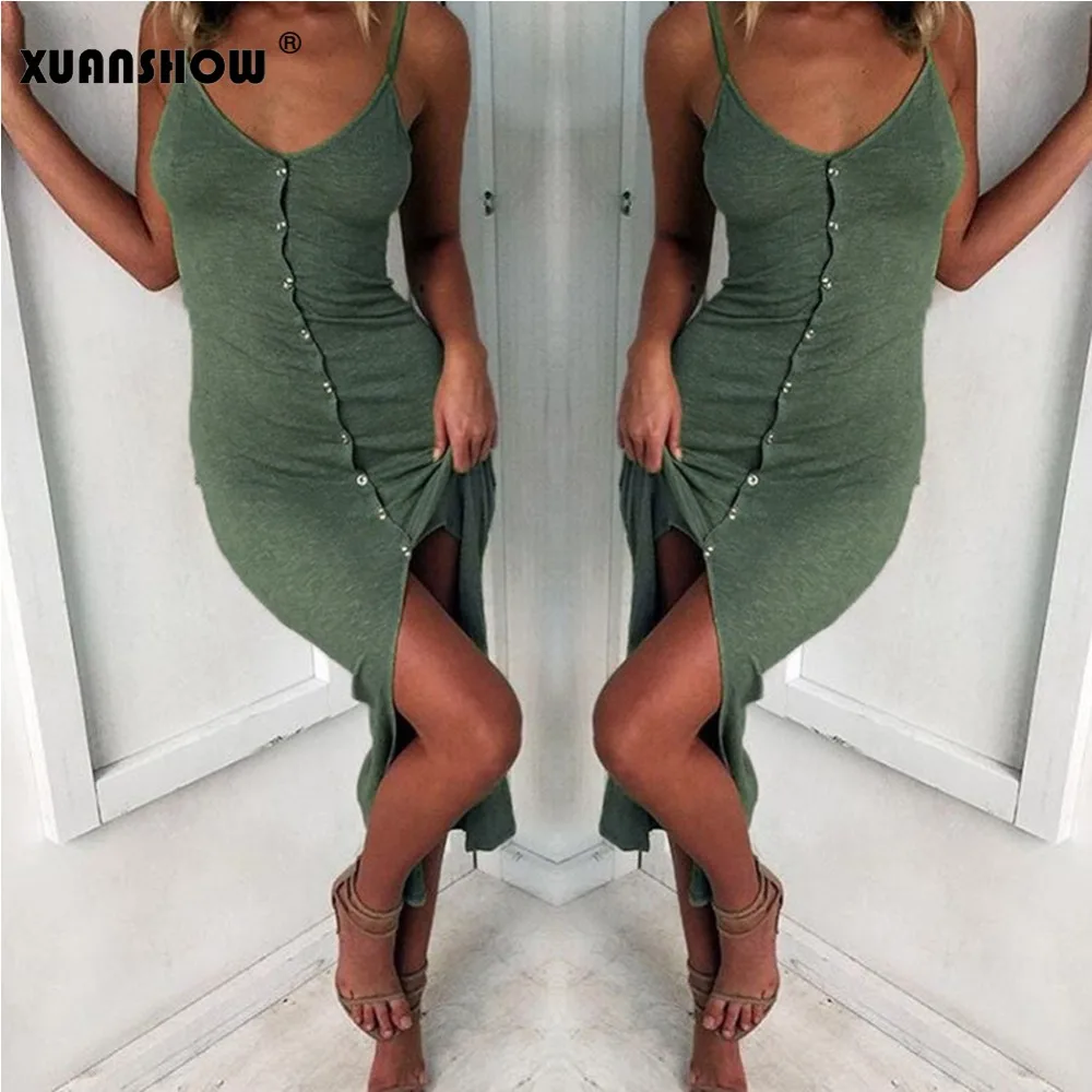 

XUANSHOW 2018 Fashion Summer Spaghetti Strap Beach Dress Women Sexy V-Neck Backless Button Trumpet Girls Bodycon Party Dresses