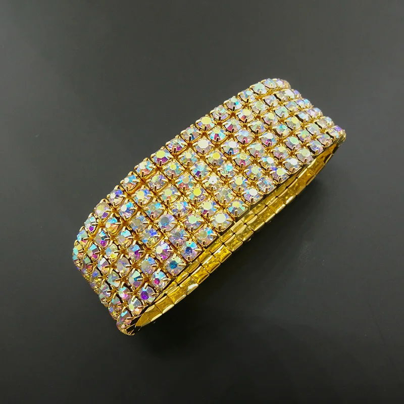 6-Row Gold-color AB Crystal Stretch Bangles Bracelet for Women Luxury Colorful Iridescent AB Stone Wedding Bracelet Bride Bangle (2)
