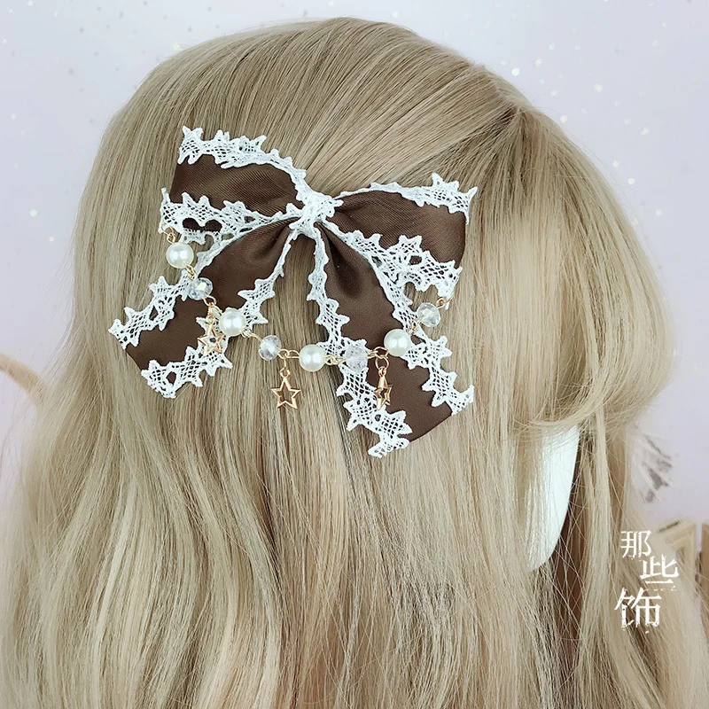 Японская Лолита ювелирные изделия на волосы кружева лук жемчужная цепь зажим «утиный клюв» мягкая сестра Лолита боковой зажим шпилька KC - Цвет: Brown
