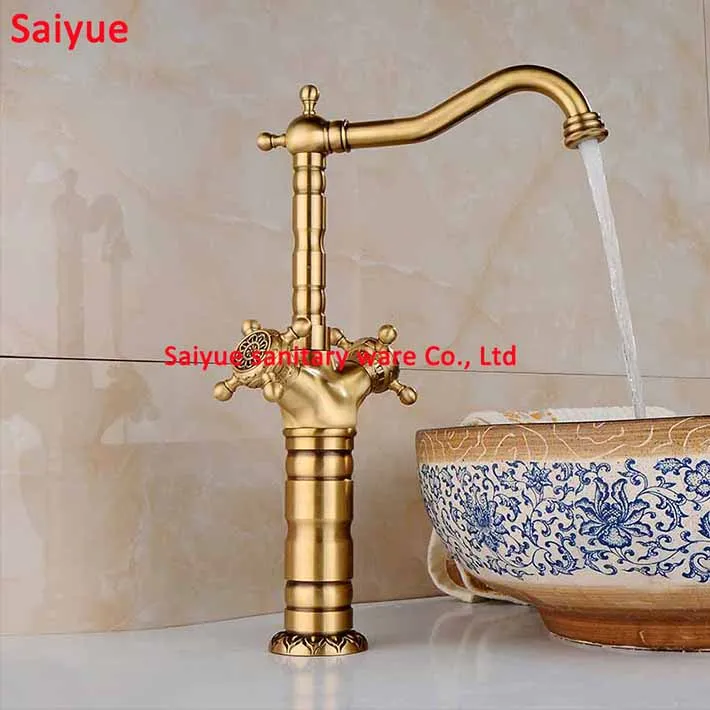 

Cold Hot High Type Charm Home decoration Carving Pattern Dual Handle Bathroom basin Mixer Faucet crane tap Antique Brass faucet