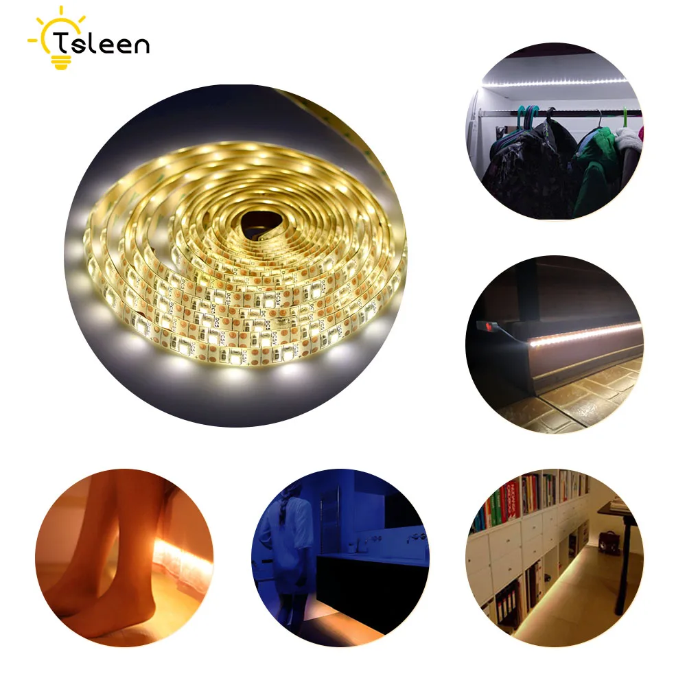 

5v PIR Motion Sensor 2835 Battery Powered LED Strip Light 1m/2m/3m Ip65 Waterproof Led Tape Ribbon Bed Cabinet Closet Lamp