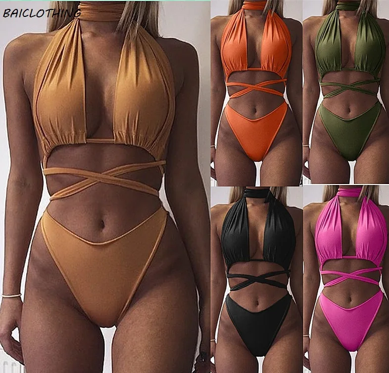 

2017 Hot sale Bandage Two Piece women Swimsuit Sexy Halter high cut thong Brazilian Bikini Bathing Suit Swimwear Maillot De Bain