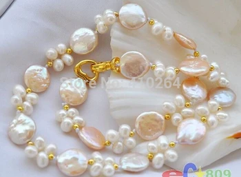 

free shipping 17" 14mm pink coin white rice Freshwater pearl necklace