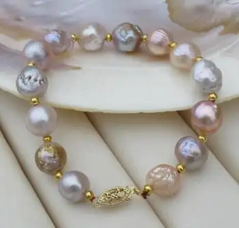 

free shipping >noble jewelry NATURAL real natural Baroque 11-12mm south sea Multicolor pearl bracelet 14 k gold clasp