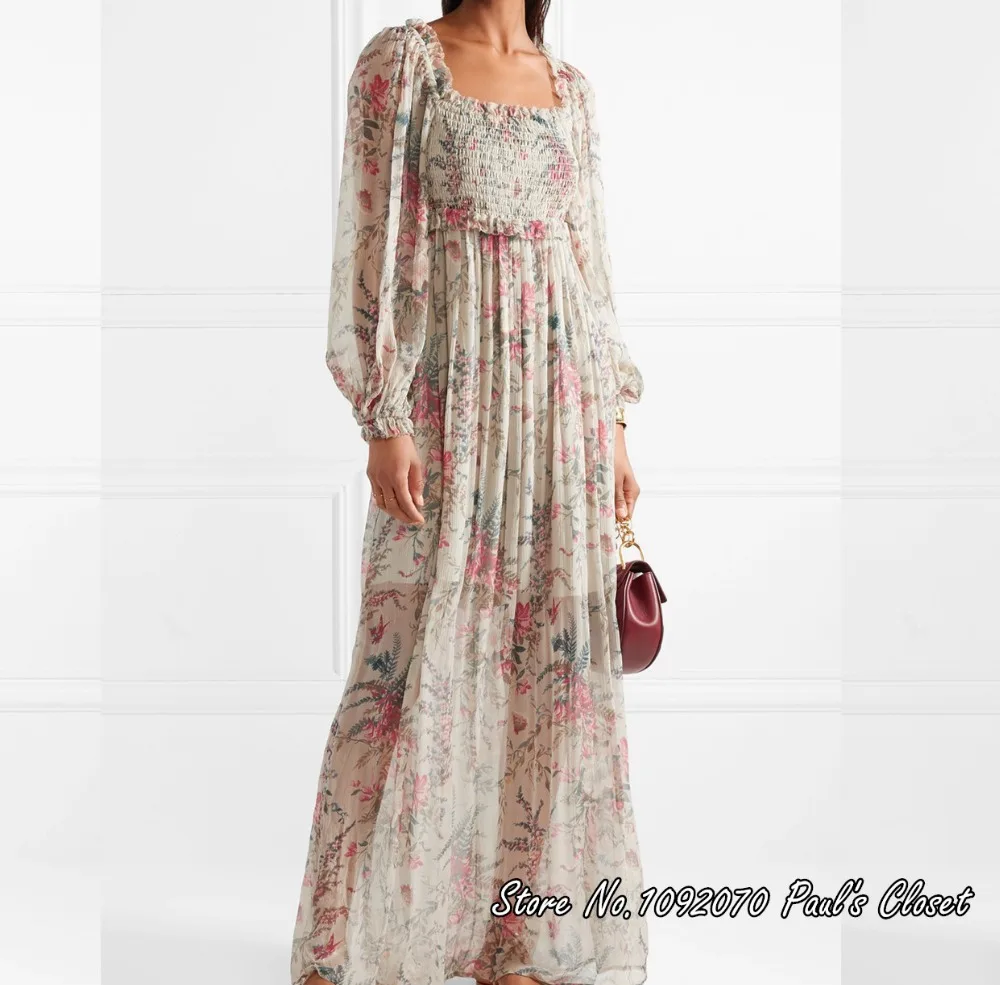 

Women Square Neck Silver Floral Print Bayou Shirred Long Dress Sheer Silk Maxi Dress