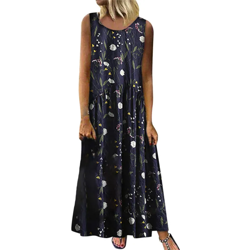 

Women Plus Size Dress Bohemian O-Neck Floral Print Vintage Sleeveless Long Maxi Dress