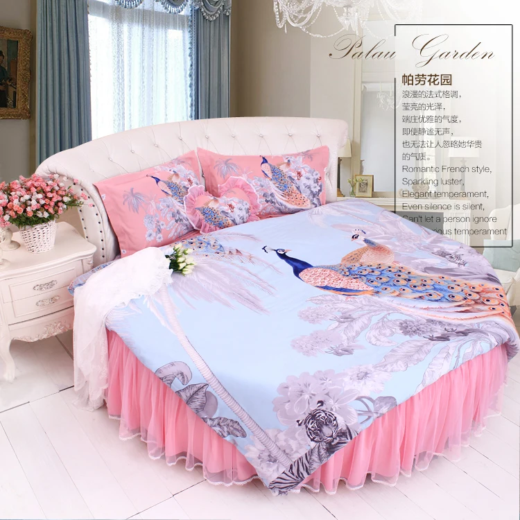Best LACE ROUND Corner Bed Europe Orange color Flower Bedding sets Cotton Round Double Bed sheet Duvet cover Pillow case Bedskirt 77