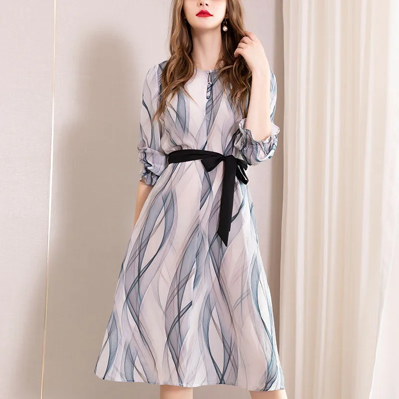

Summer 2019 New Printed Silk Dresses Mid-long Office Lady Luxuyr Real Silk High-end Women's Wear
