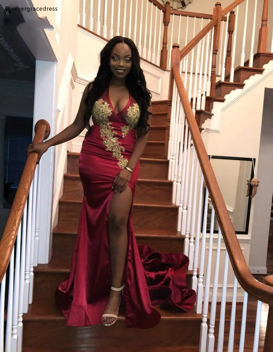 Dark Red With Gold Appliques Mermaid Prom Dresses For Black Girls Junior Graduation Evening Gowns Split V Neck Backless Women Vestidos 132 (10)