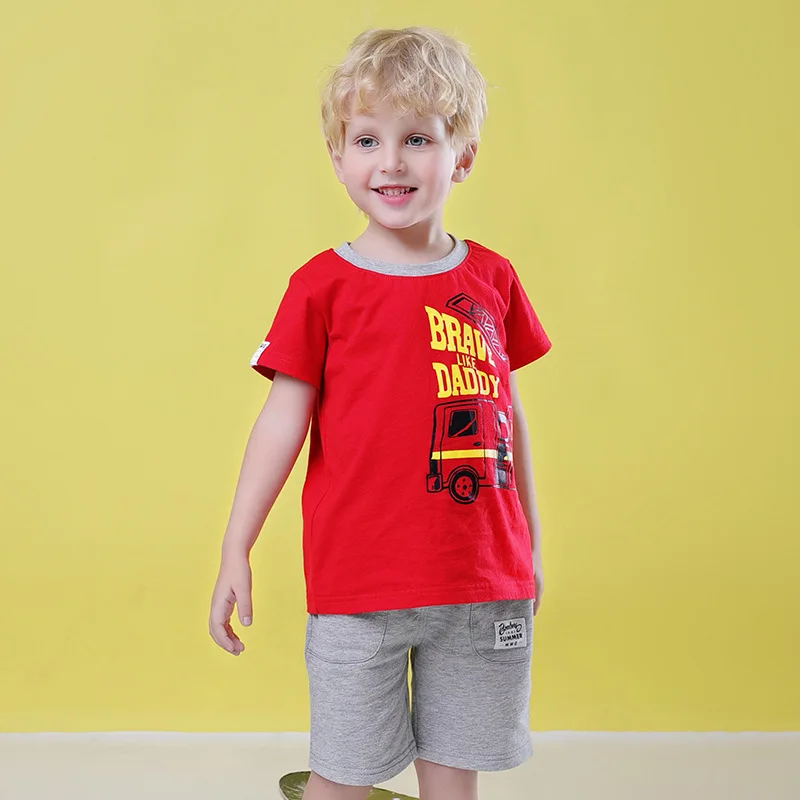 

Summer Boy Clothes Cotton O-neck Cartoon Letter Fire Truck Printing T-shirt Solid Shorts 2 Piece Set Cute Little Boys Clothe Set