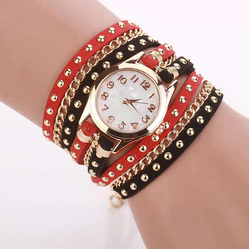 Drop shipping Malloom Gold Metal Watch Bracelets Women's Crystal Rivet Bracelet Braided Winding