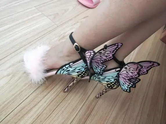 Женские босоножки крыло бабочки декор Женская обувь на высоком каблуке шпильке бренд взлетно-посадочной полосы звезда обувь меховой Декор