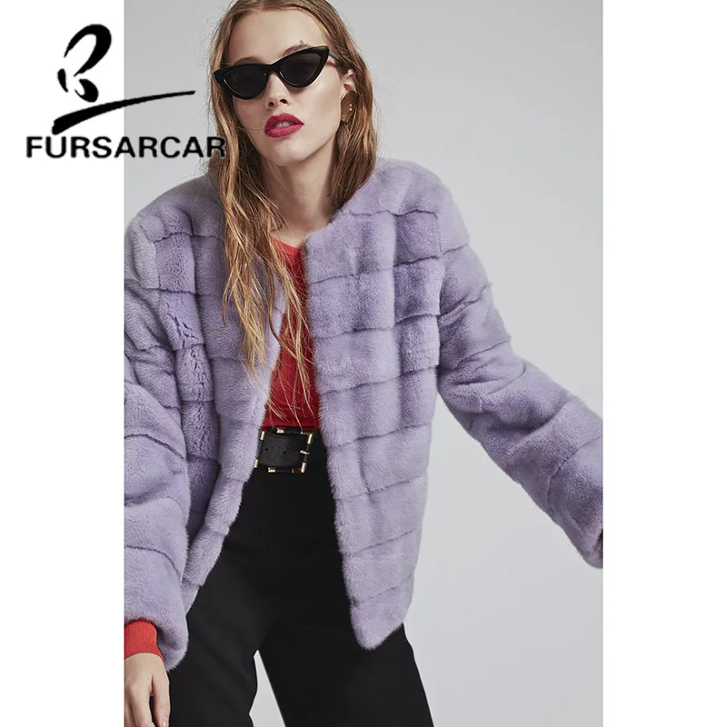 

FURSARCAR Short Style Real Mink Fur Coats Women Luxury Natural Mink Fur Coat O-Neck Winter Whole Skin Fashion Slim Fur Jacket