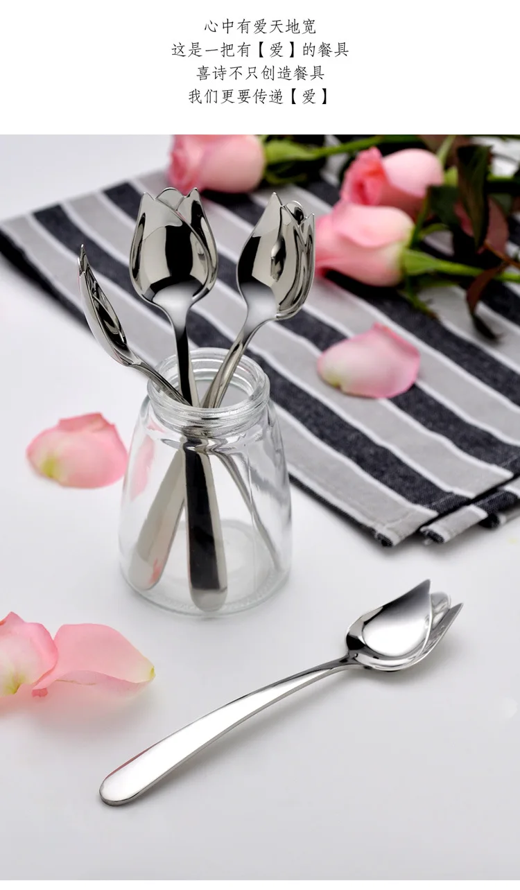 Big Tulip Flower Rose 304 Stainless Steel Coffee Stirring Scoop Dessert Milk Tea Drink Cafe Scoop Teaspoon Tea Dinner Spoon